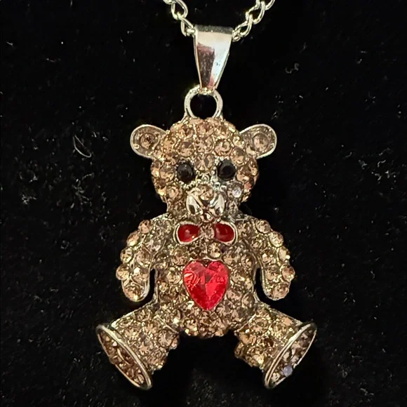 NWT Twinkling Red/Silver Teddy Bear Necklace & Earrings Set - Picture 5 of 5